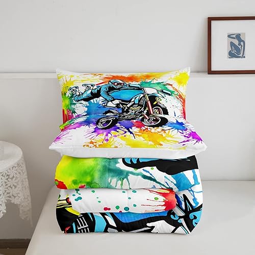 Miniatura 5 de Erosebridal Juego de ropa de cama teñido anudado, juego de edredón deportivo de motocross para niños y adolescentes, edredón de motociclista, arte