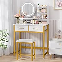Kitsure Gold Makeup Vanity Desk with 3-Mode LED Mirror Lights & Padded Stool - Anti-Tip Small Vanity for Girls Bedroom Closet, 31.5"x17.7"x50.6"