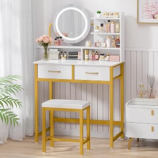 Kitsure Gold Makeup Vanity Desk with 3-Mode LED Mirror Lights & Padded Stool - Anti-Tip Small Vanity for Girls Bedroom Closet, 31.5"x17.7"x50.6"
