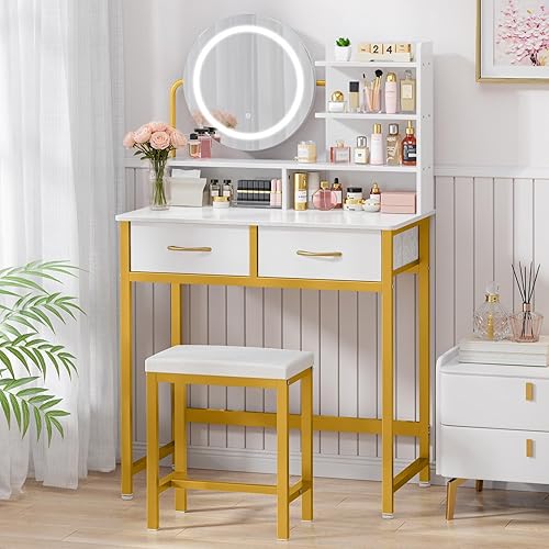 Kitsure Vanity Desk with Mirror and Lights - 3 Mode Lighted Makeup Vanity for Girls, Anti-Tipping Small Vanity with Chair for Bedrooms, Dressing Rooms, Walk-in Closet, Gold, 31.5" x 17.7" x 50.6"