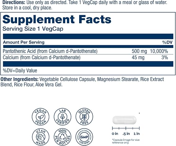 SOLARAY Pantothenic Acid 500mg - Pantothenic Acid Supplement (Vitamin B5) - Essential B Complex Vitamin - Nervous System and Cellular Energy Support - Vegan, Gluten Free, 60-Day Guaratee, 100 Servings