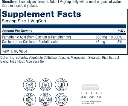 SOLARAY Pantothenic Acid 500mg - Pantothenic Acid Supplement (Vitamin B5) - Essential B Complex Vitamin - Nervous System and Cellular Energy Support - Vegan, Gluten Free, 60-Day Guaratee, 100 Servings