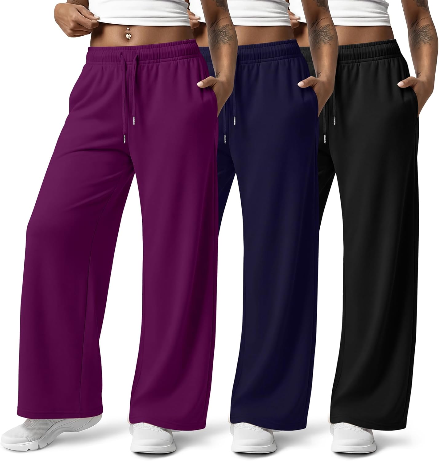 Huukeay 3 Pack Women Plus Size Pants, Straight Wide Leg Lounge Pants Elastic Fall Drawstring Casual Loose Trouser with Pocket