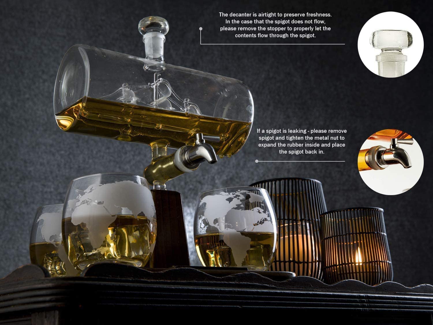 Whiskey & Wine Decanter with Antique Ship Ship Decanter Set with 4