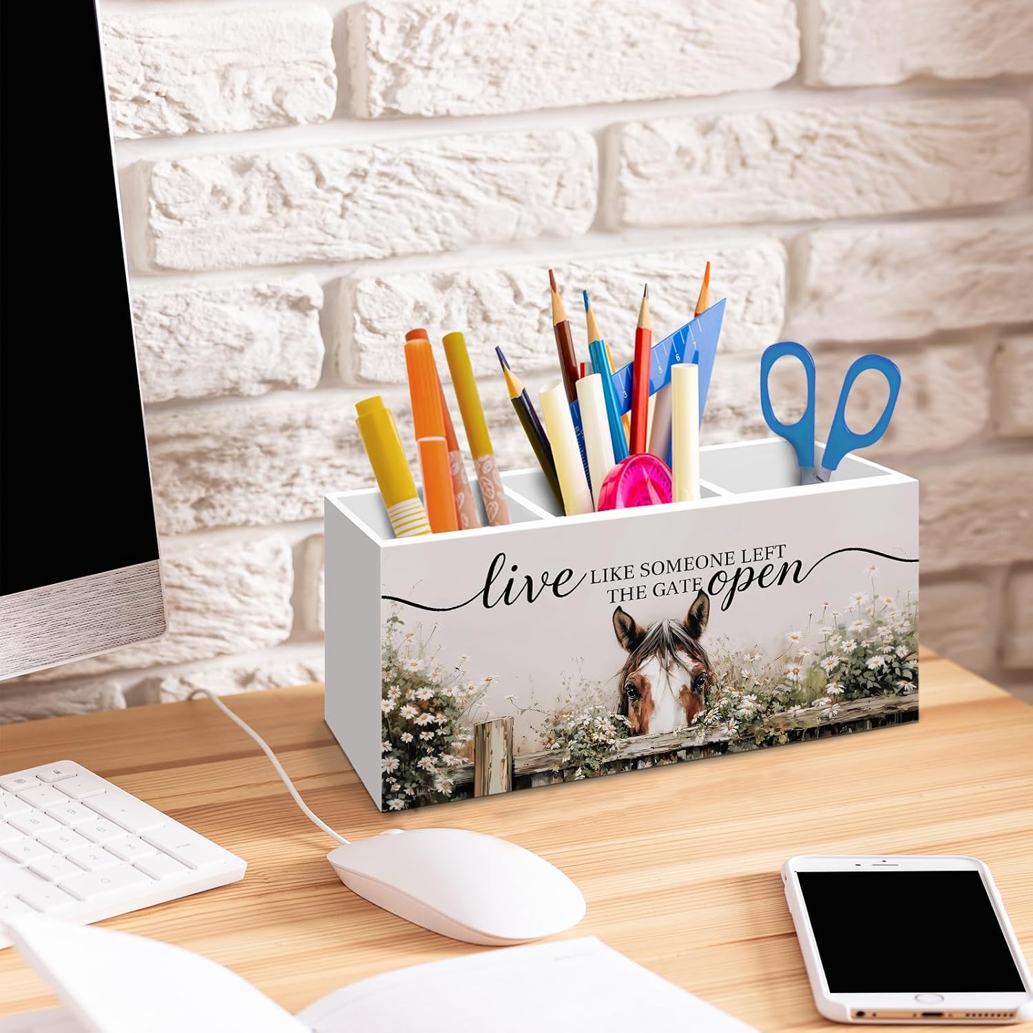 Farm Horse Gifts Pen Holder for Home Office Desk, Farmhouse Horse Desk Decor, Live like Someone Left the Gate Open Brush Toothbrush Holder Organizer for Office Bedroom Living Room image 2