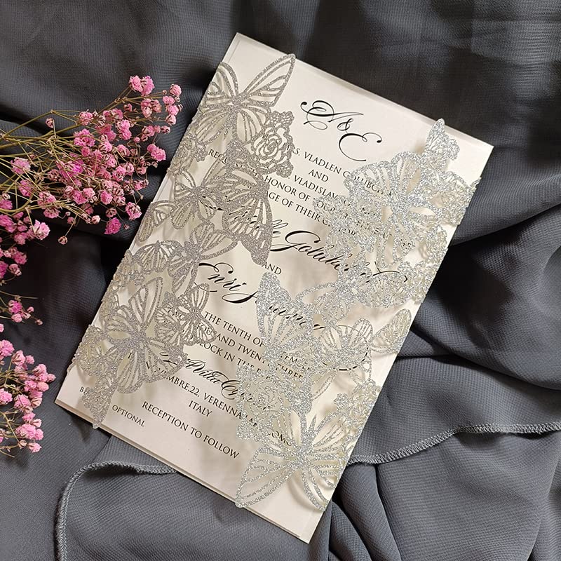 50 set di 15 inviti per matrimonio romantici con farfalla viola, tagliati al laser, pieghevoli, con nastro di carta interno vuoto e busta, 15 inviti (argento, set vuoto intero)