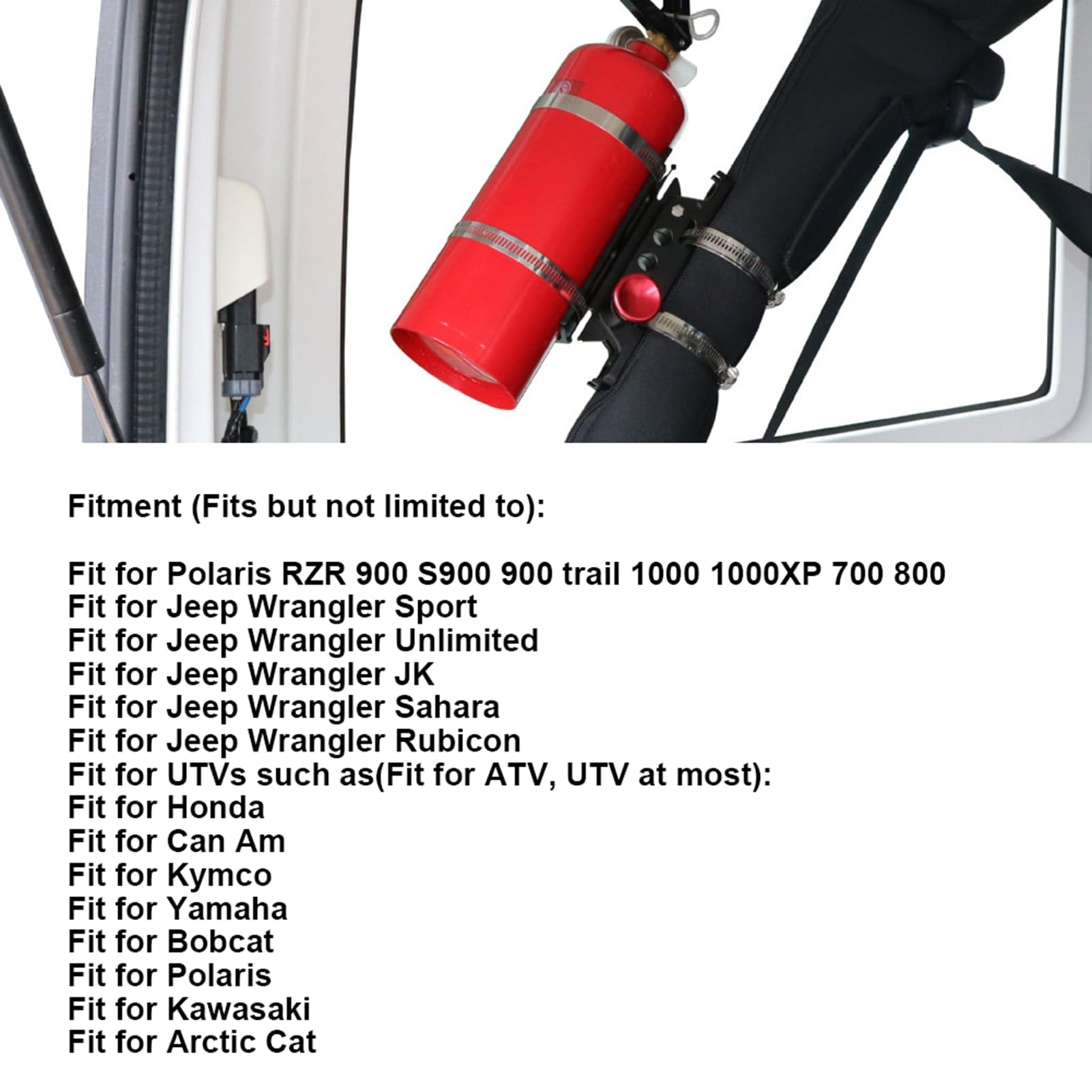 Extinguisher Mount, soporte ajustable para extintor compatible con JK Sport Sahara y Polaris 700 800 900 fijación segura en asiento nylon y aluminio liberación rápida sin taladrar