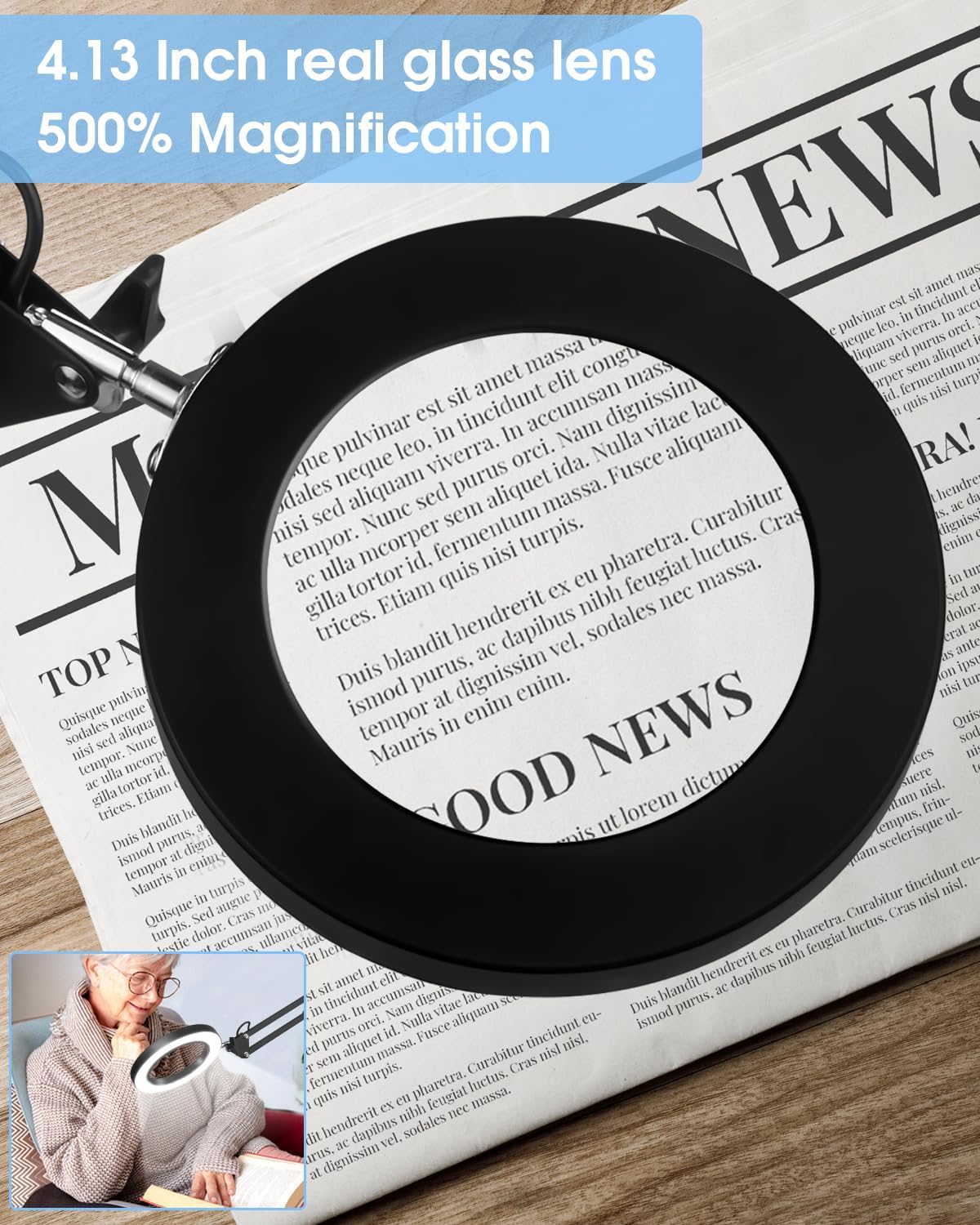 Honagu 5X Magnifying Glass with Light and Clamp, Adjustable LED Desk Lamp, 3 Color Modes Lighted, Magnifying Glass for Reading, Painting, Close Work, Repair, Crafts, Soldering, Manicure, Beauty(Black)