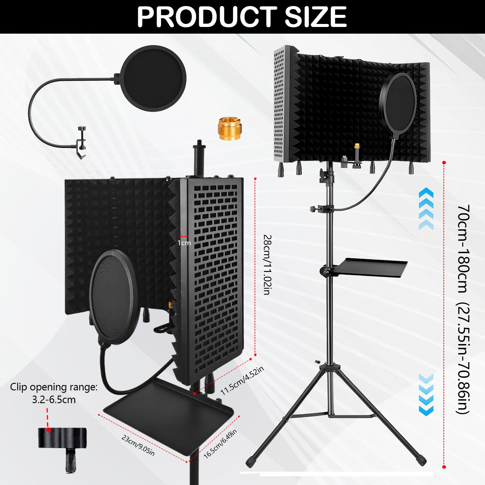 Mikrofon Schallschutz, 5 Panel Standmikrofon Akustikschaumstoff Windschutz mit 180CM Einstellbare Stativ Mikrofonständer für 3/8 '' bis 5/8 '' Mikrofon Adapter für Aufnahmegerät Aufnahmestudio
