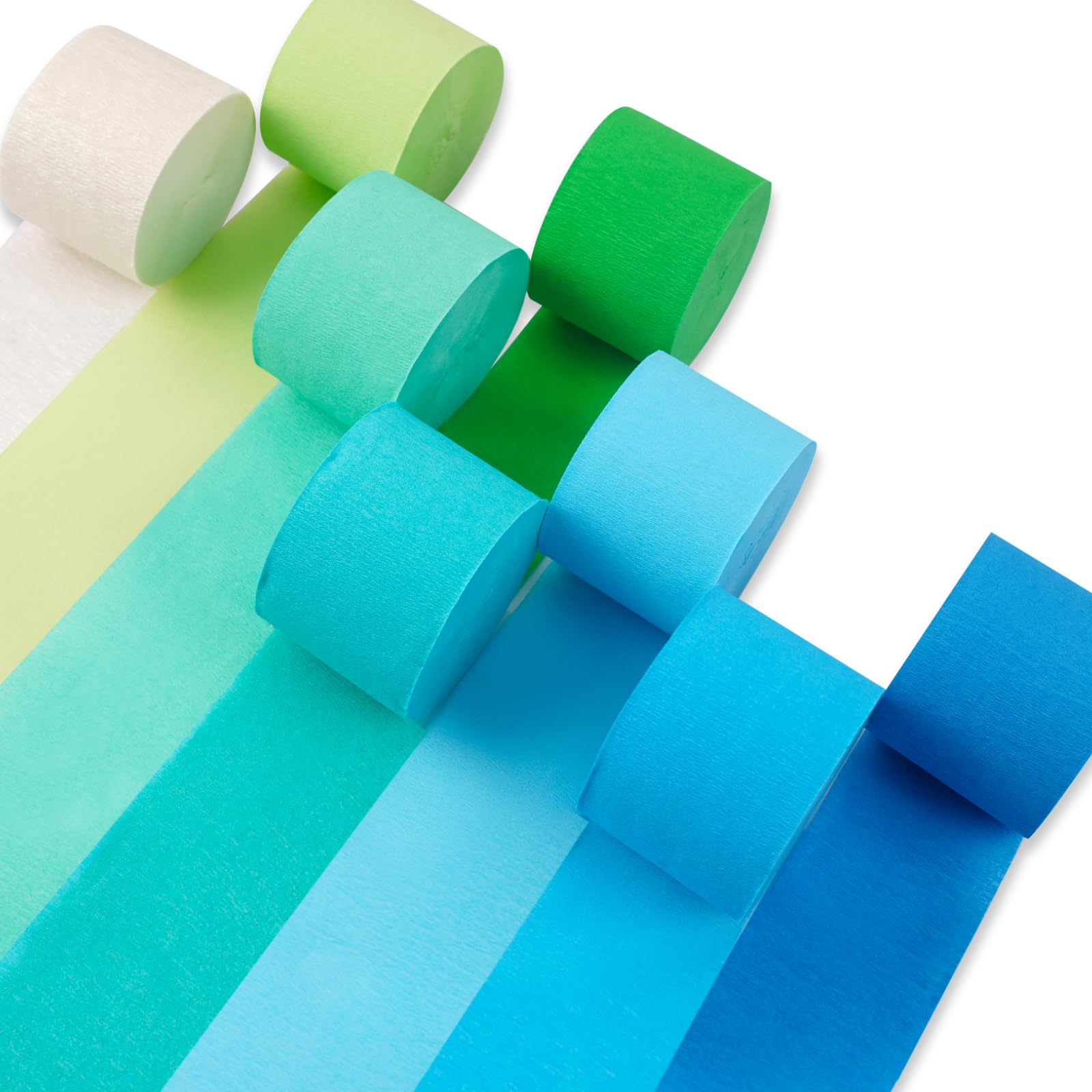 PartyWoo Crepe Paper Streamers 8 Rolls 656ft, Pack of Blue, Turquoise, Green, Lime and White Party Streamers for Birthday Decorations, Party