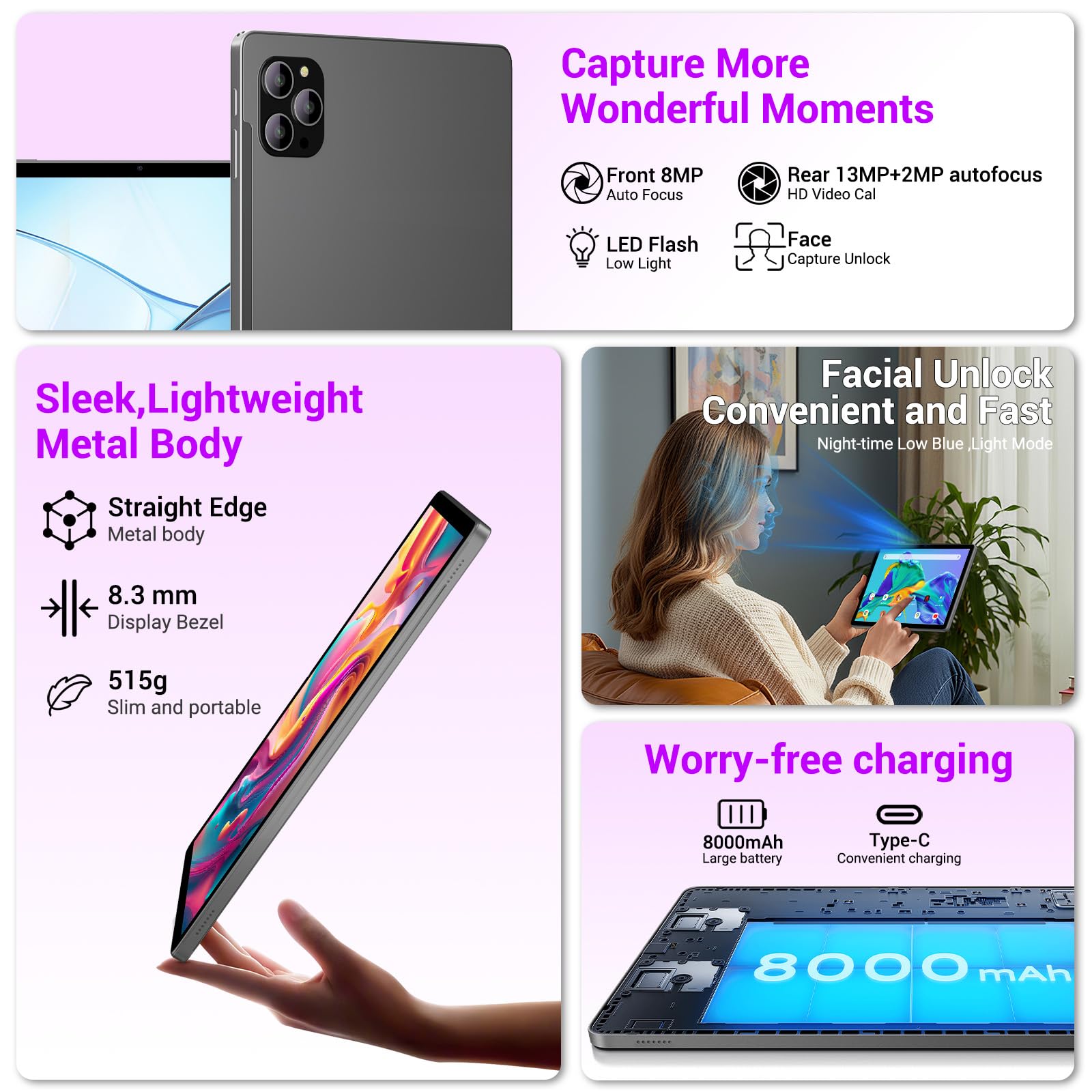 BEYNIVAN Tablet 11 Pollici Android 15 Tablet in Offerta con 4G LTE/5G WiFi, 36GB RAM+256GB ROM,9580mAh,Foto AI 16MP+8MP,Face ID/GPS/BT 5.0/TÜV,tablets con Tastiera,Grigio