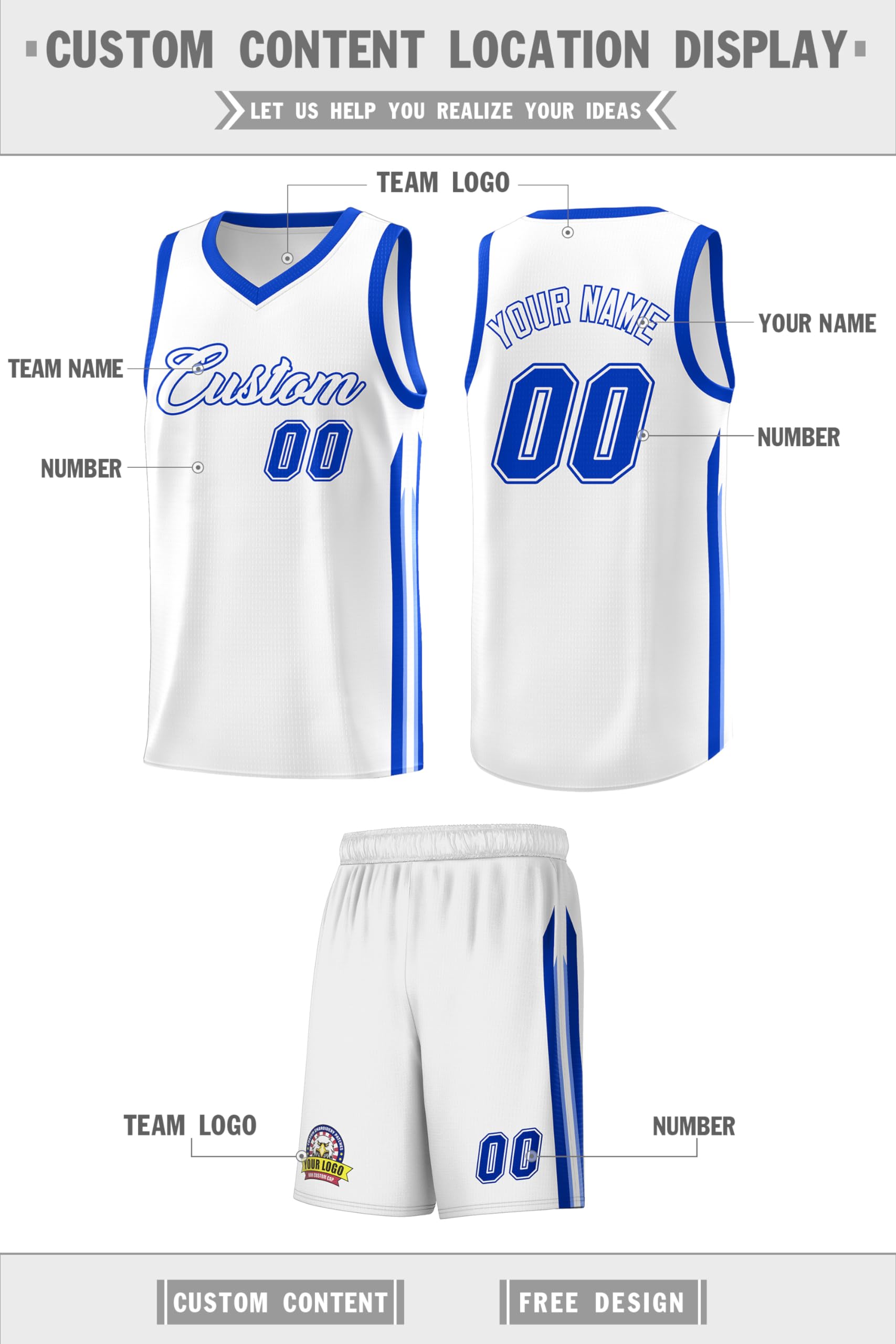 Custom Basketball Jersey Shorts with Team Name Number Logo, Personalized Uniform for Men/Women/Youth White&blue-18