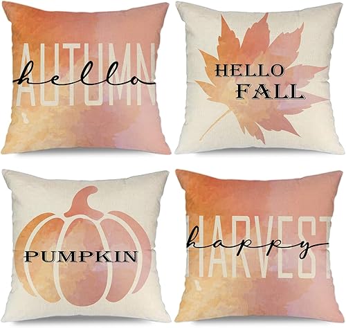 Miniatura 6 de Juego de 4 fundas de almohada de otoño de 12 x 20 pulgadas, diseño de calabaza y hoja de arce con texto en inglés "Hello Fall Happy Harvest" para