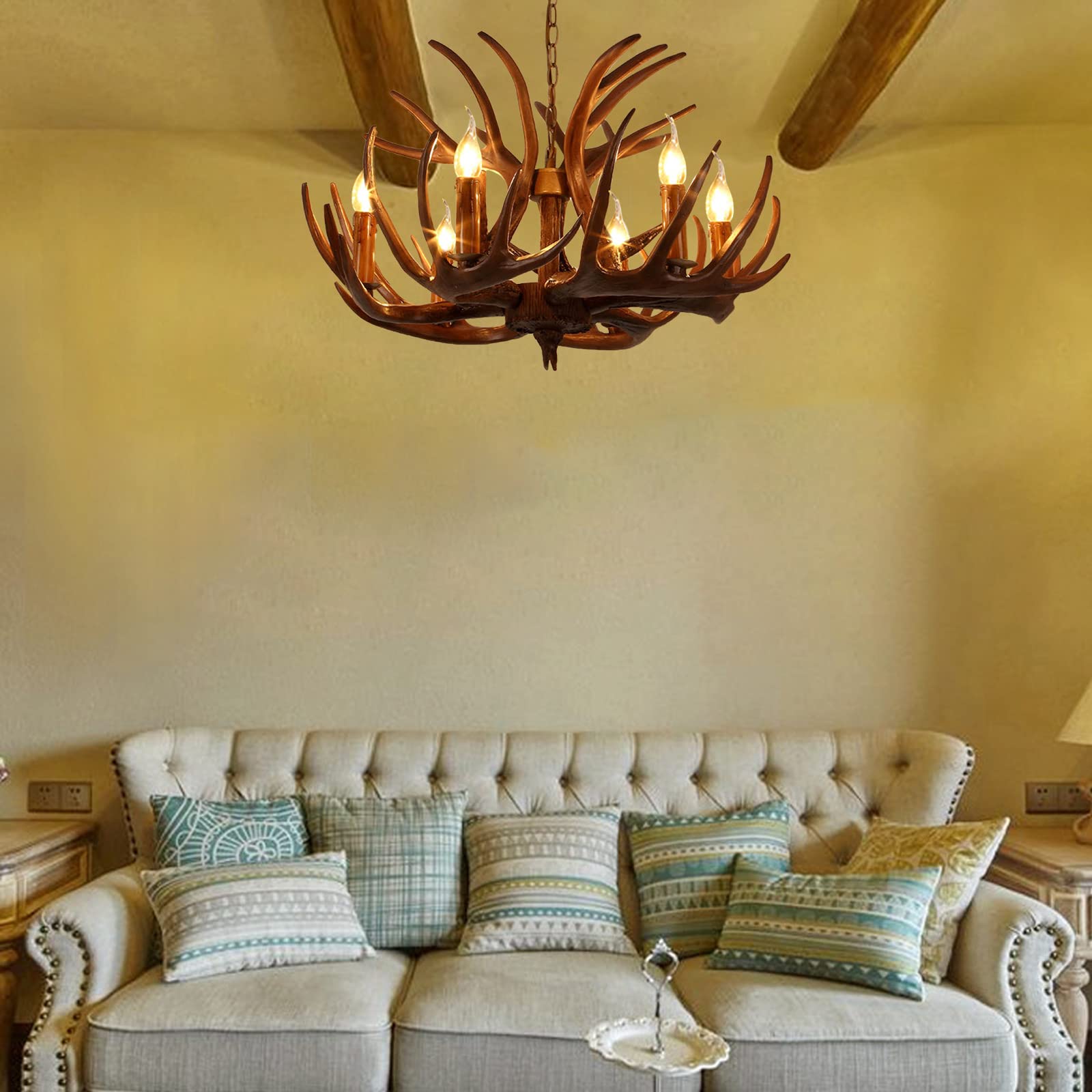 Lámpara Araña de Astas Vintage, 6 Luces Estilo Rústico para Comedor,A,B