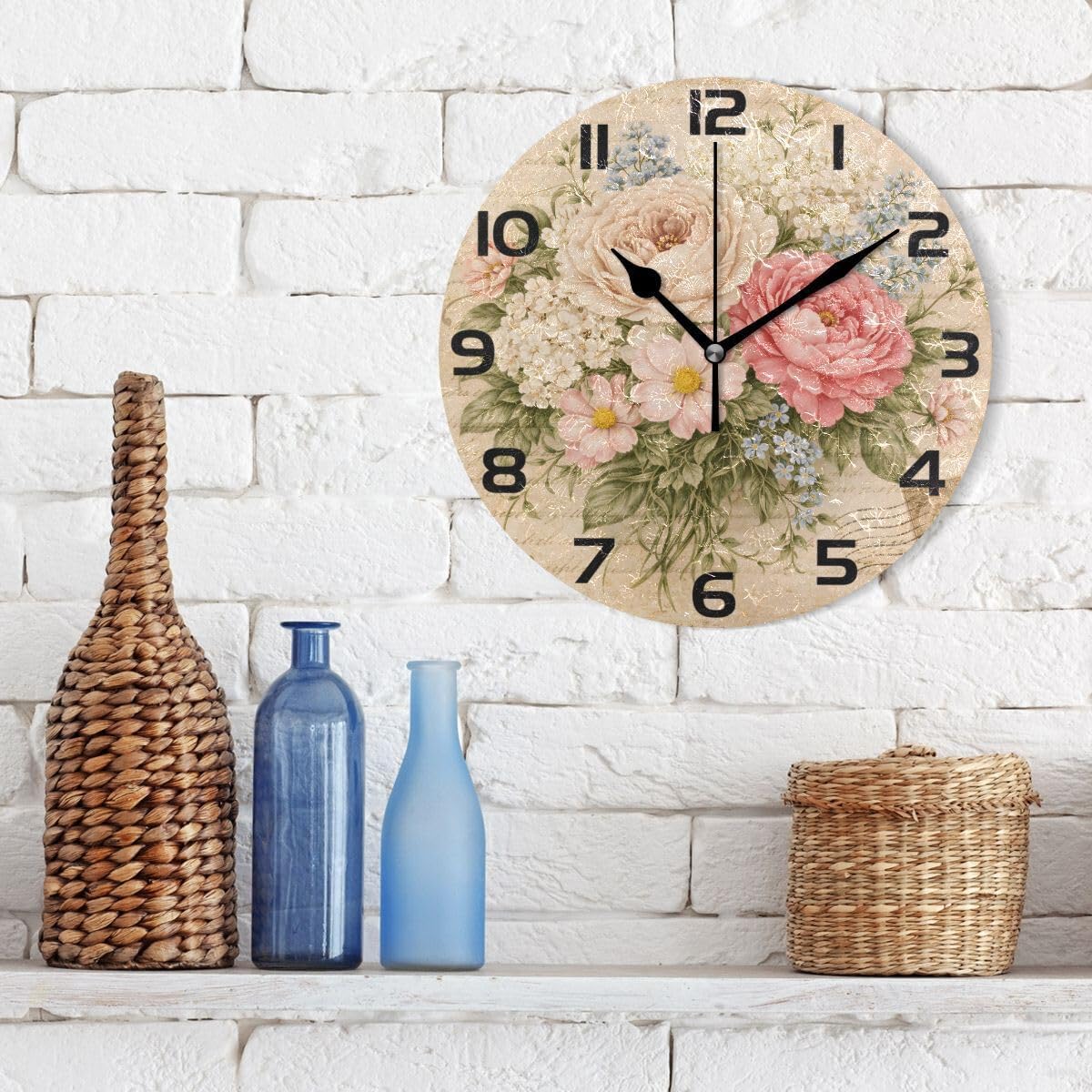 ABLINK Vintage Shabby Chic Rose Floral Round Wall Clock, Silent Non Ticking Oil Painting Home Office School Decorative Clock Art