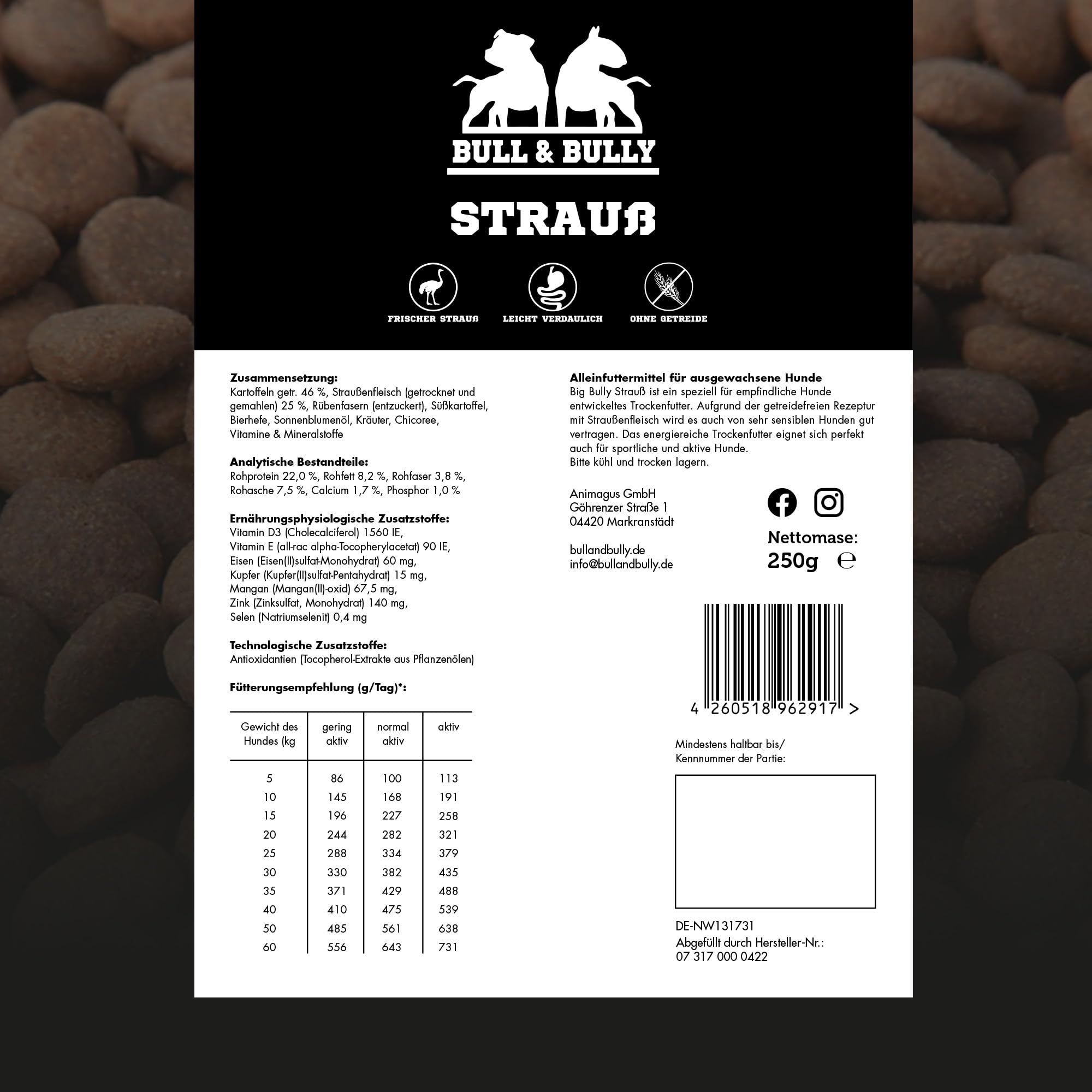 Hundefutter Big Bully Strauß Hundefutter Trocken – Energiereiches Trockenfutter für Hunde tierärztlich entwickelt – Hundetrockenfutter Premium Dog Food – Monoprotein Hundeleckerli 250g BULL & BULLY