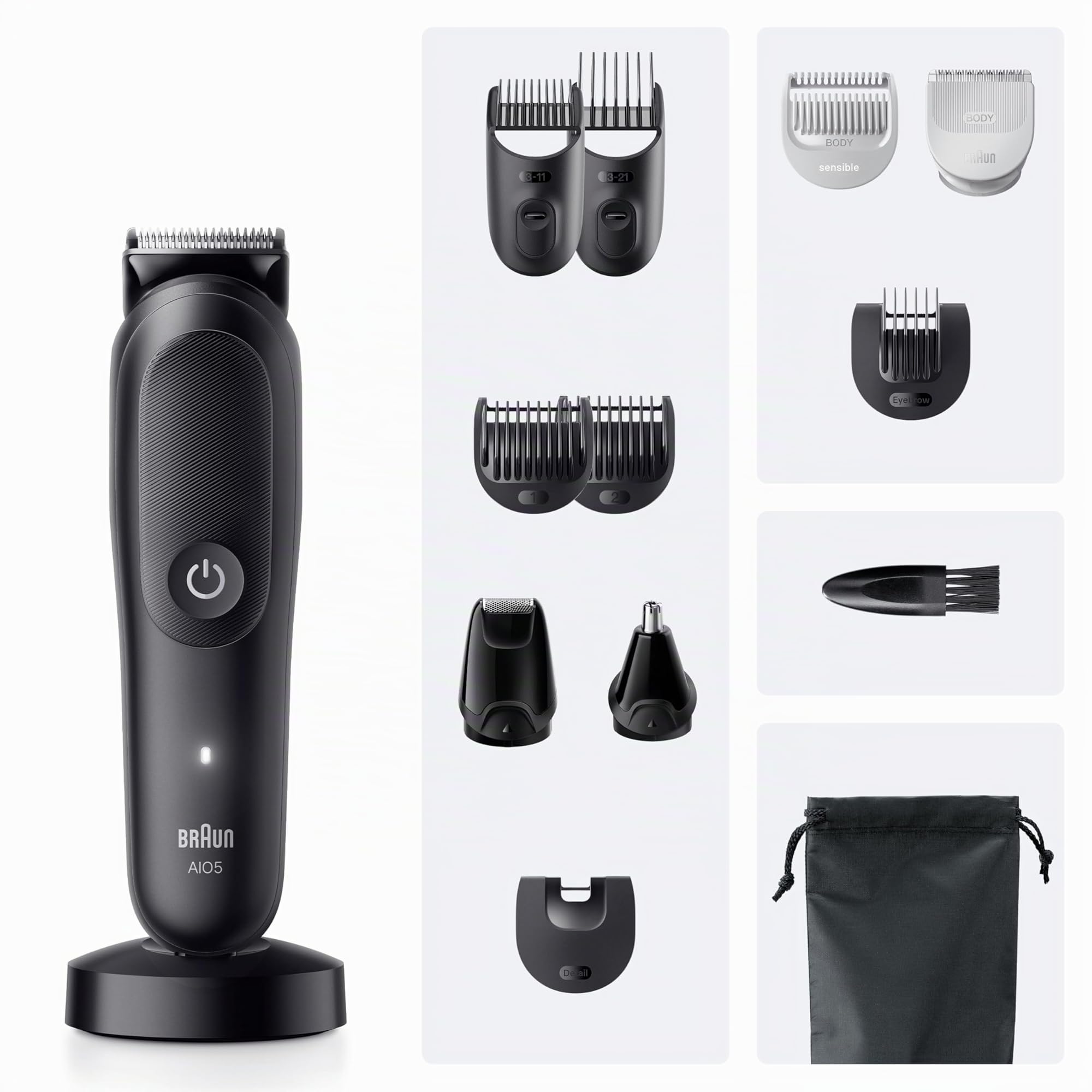 Braun Series 5 AIO5565 Tondeuse Electrique Homme 13-en-1 Noire Etanche Batterie Rechargeable Lame Ultra Affutée Coffret 8 Sabots