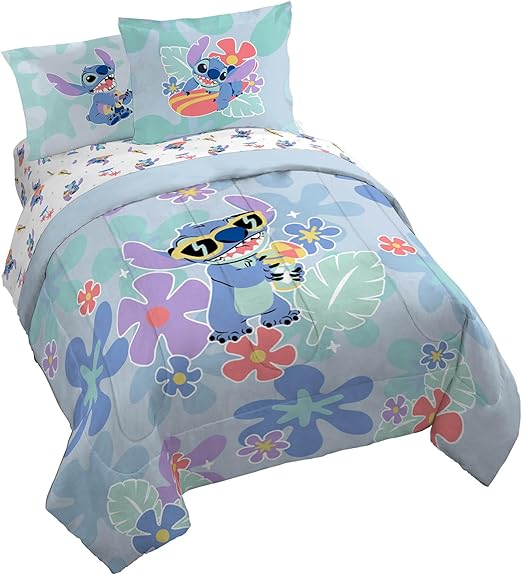 Jay Franco Disney Lilo and Stitch Queen Size Comforter Set - 7 Piece Bedding Includes Sheet Set & Pillow Covers - Super Soft Tropical Bedding