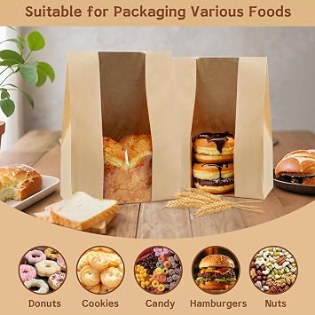 45 Pack Large 14x8.3x3.5in Bread Bags for Homemade Bread, Kraft Paper Bakery Bread Bags with Clear Window and Tin Tie Lock, Thicker Cookie and Snack Storage Bags, Includes 45 Sealing Stickers