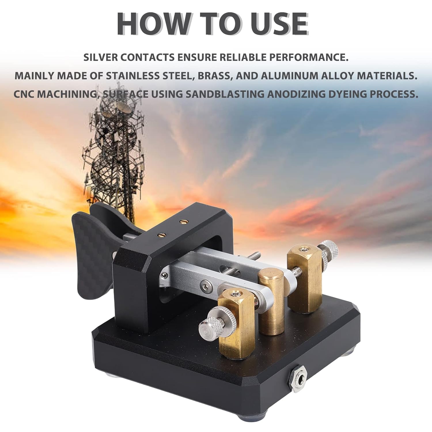 CW Key, Good Workmanship Easy Tapping Automatic Morse Code Key Carbon Fiber Paddles Silver Contact for Training (Black)