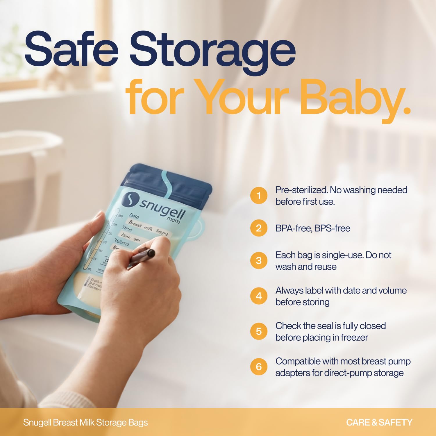 Snugell 100-Count Breast Milk Storage Bags (180ml) – Leak-Proof, Self-Standing Freezer Pouches | BPA-Free & Pre-Sterilized for Baby Feeding