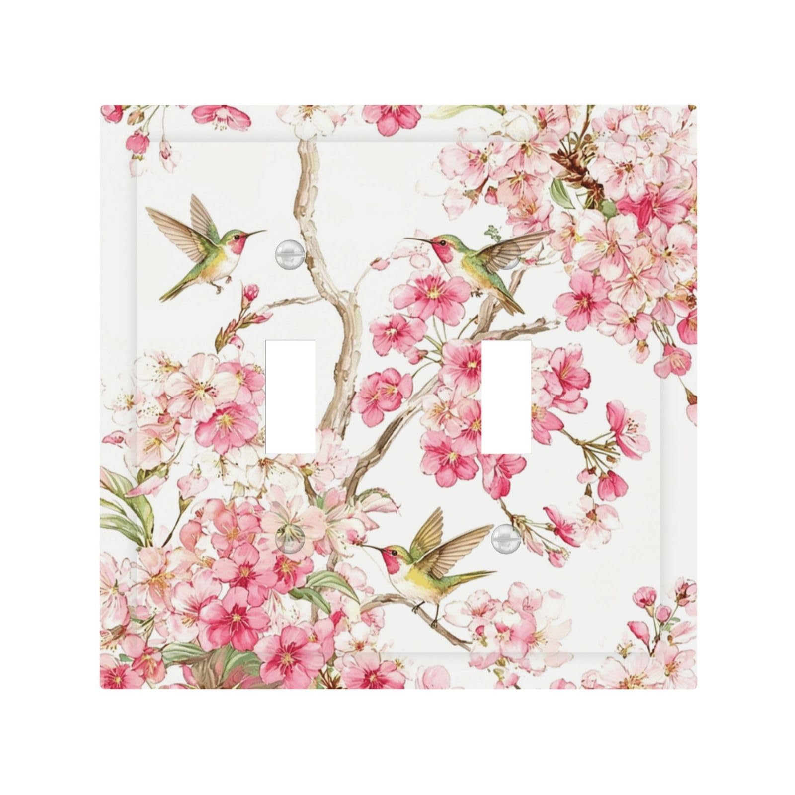 DWBGUO Decorative Light Switch Plate Covers Soft Watercolor Pink Cherry Blossom Hummingbird 2 Gang Wall Plate Unique Double Toggle Double Light Switch Covers for Bathroom Home Decor