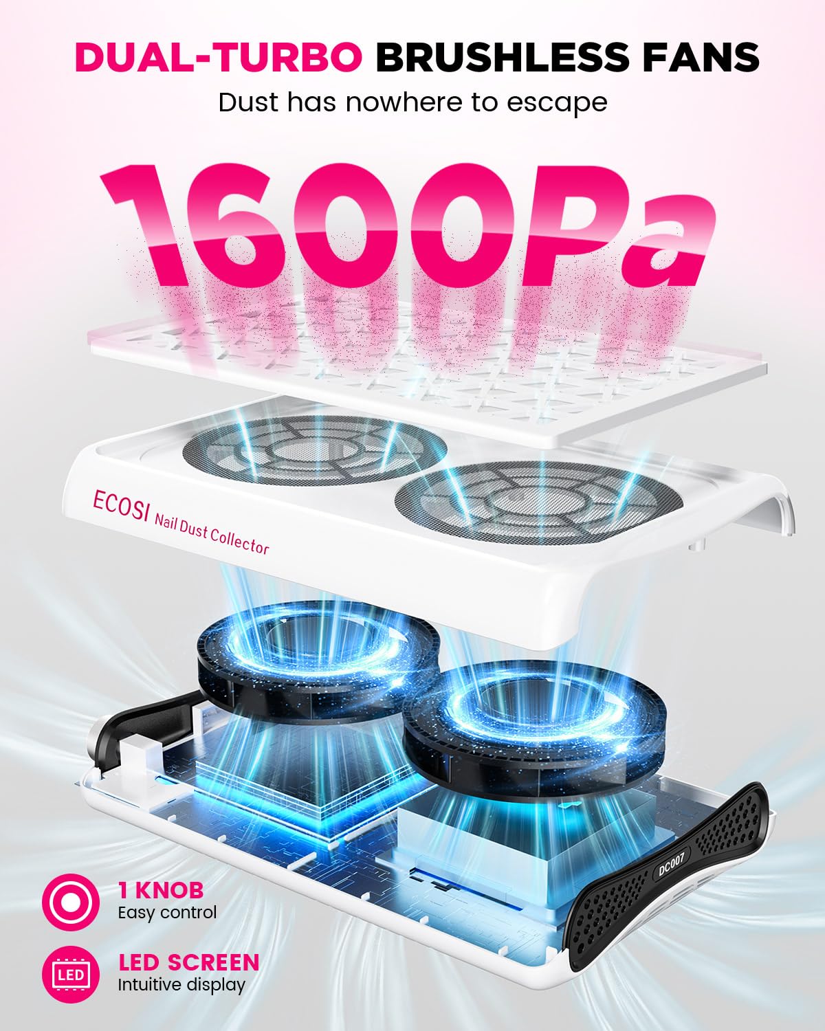 Nail Dust Collector, Dual Turbo & 1600PA Professional Vacuum Fan Dust Extractor with 30 Pcs Filter Papers Bundle 60 Pcs Extra Filter Papers