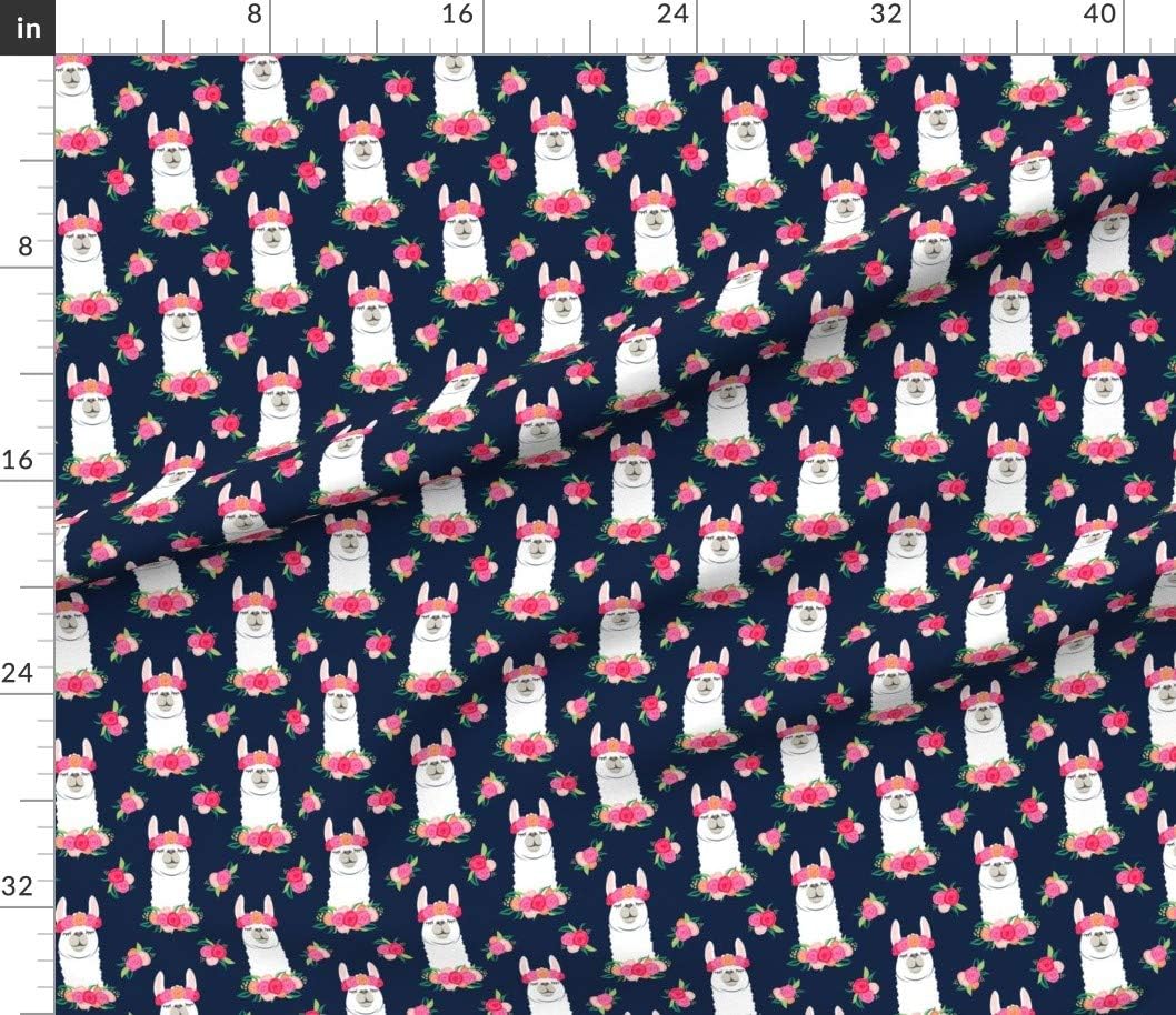 Spoonflower Fabric - Floral Llama Spring Colors Navy Alpaca Flowers Crown Printed on Petal Signature Cotton Fabric by The Yard - Sewing Quilting Apparel Crafts Decor