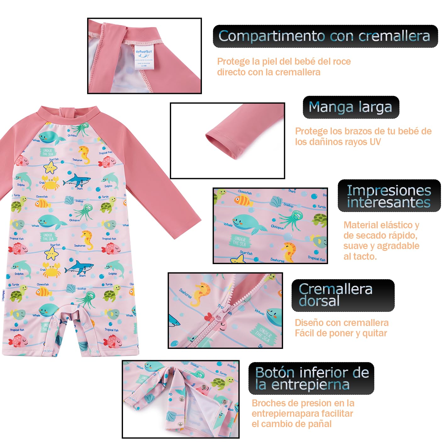 upandfast Traje de Baño Infantil UPF 50+ con Cremallera Trasera Segura y Broches en Entrepierna - Traje de Sol para Cambio Rápido de Pañal (3-36 Meses)