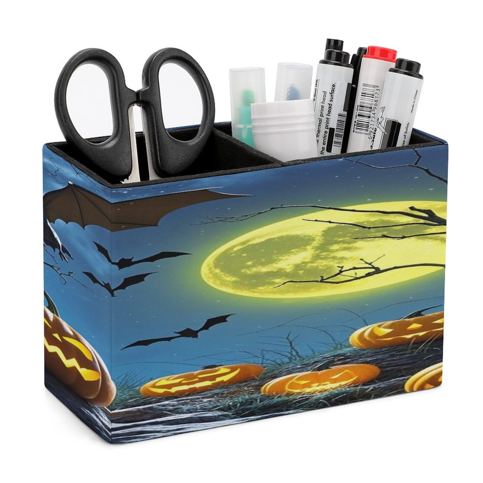 LZQPOEAS Bats And Pumpkins Leather Pen Holder with 2 Compartments Luxury Pencil Holder Minimalist Pencil Cup Brush Scissor Holders Elegant Pen Cup for Office Home Desk Accessories