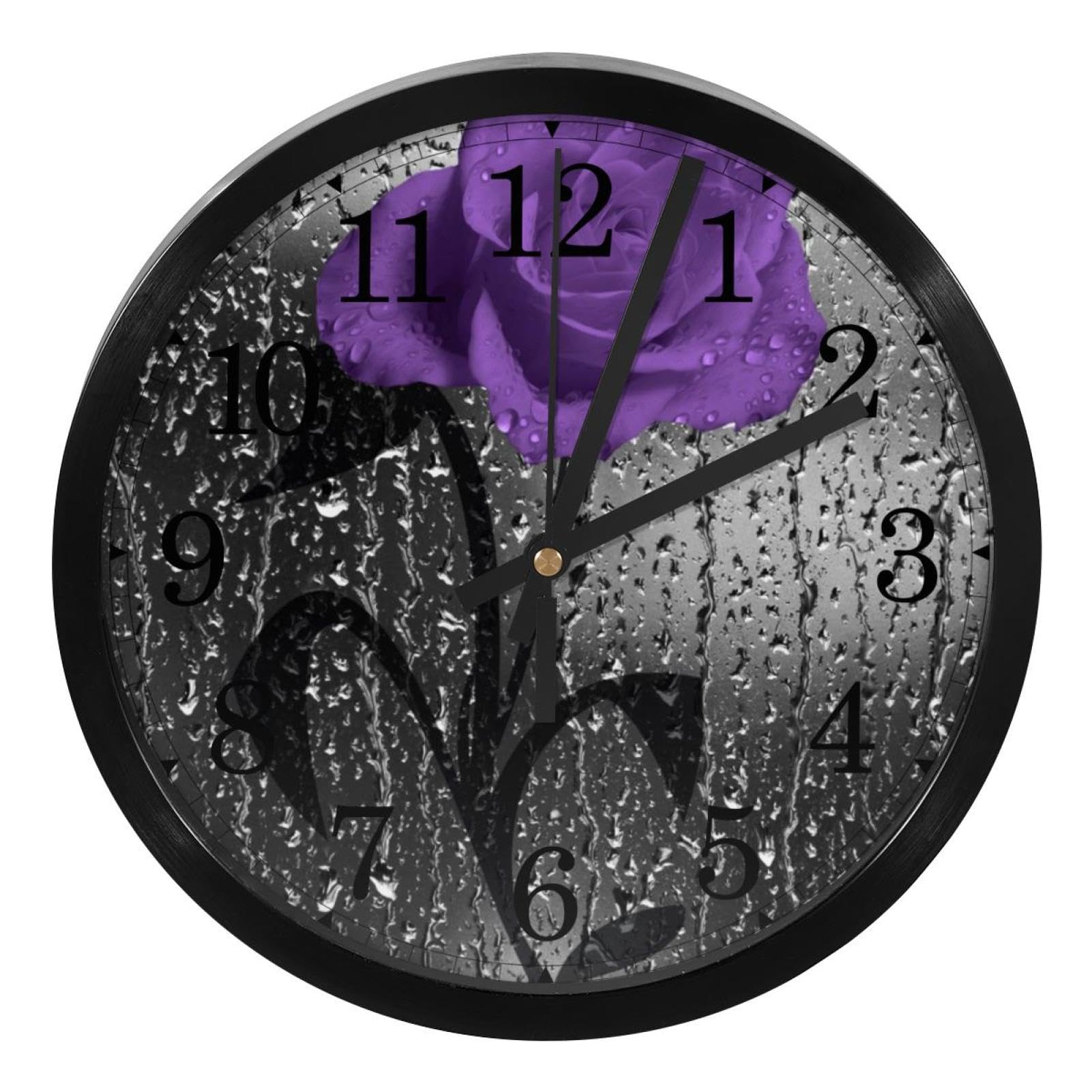 Luoweisi Purple Rose Floral Wall Clock 9.8 Inch Silent Non Ticking Round Modern Decorative Wall Clocks for Living Room Bedroom Kids Room Kitchen School Office Home Decor