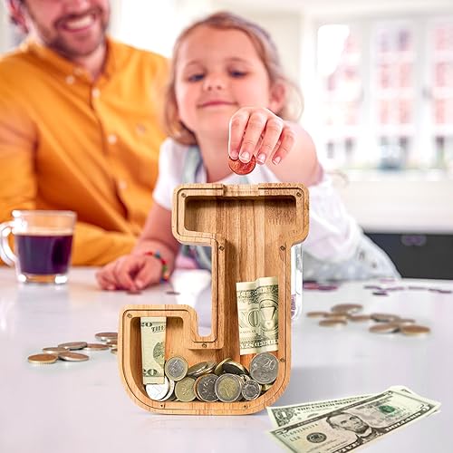 Miniatura 513 de SummiDate Alcancía de madera con nombre, niños y niñas, tamaño grande, letras alfabeto A-Z, monedas y billetes, inicial en cubierta transparente