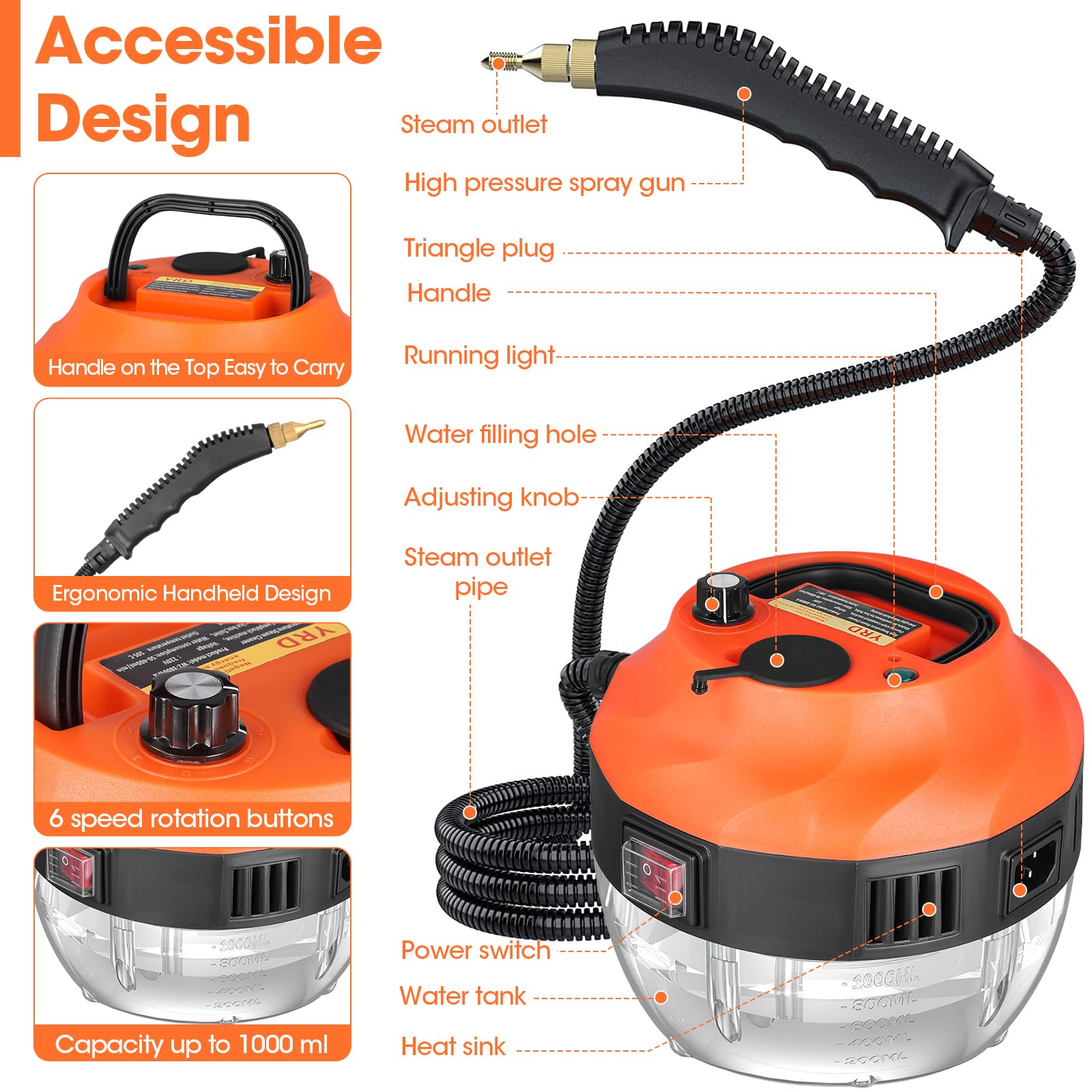 Limpiador de vapor (2500 W, alta presión, limpiador de vapor portátil de 5ª generación, con 6 cepillos multifuncionales y gran depósito 1 L, para cocina, cuarto de baño, coche, suelo y