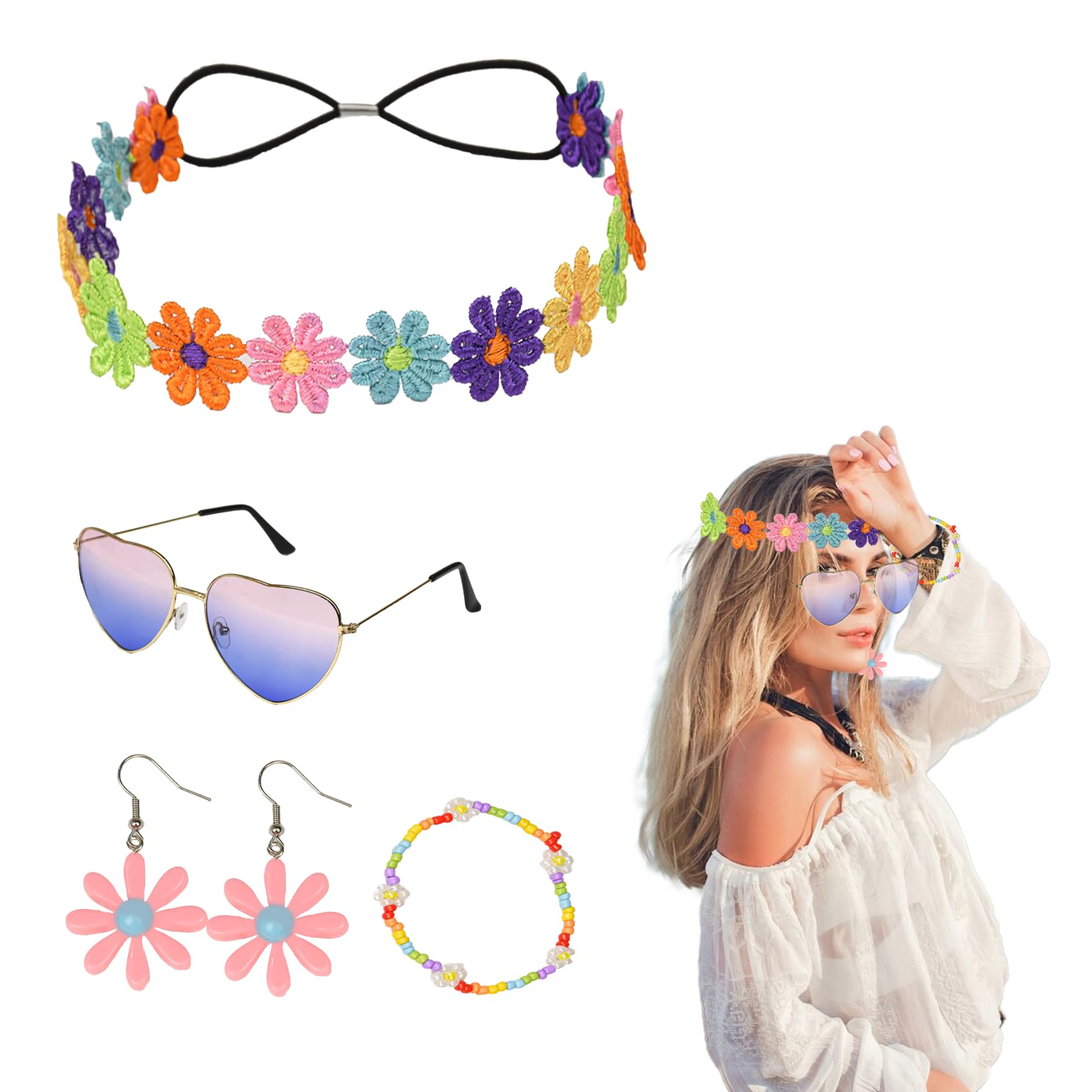 Kit Accessoires Hippie Vintage – 5 Pièces : Bandeau, Lunettes, Collier, Boucles D'Oreilles, Serre-tête | Style Années 70, Carnaval, Festival
