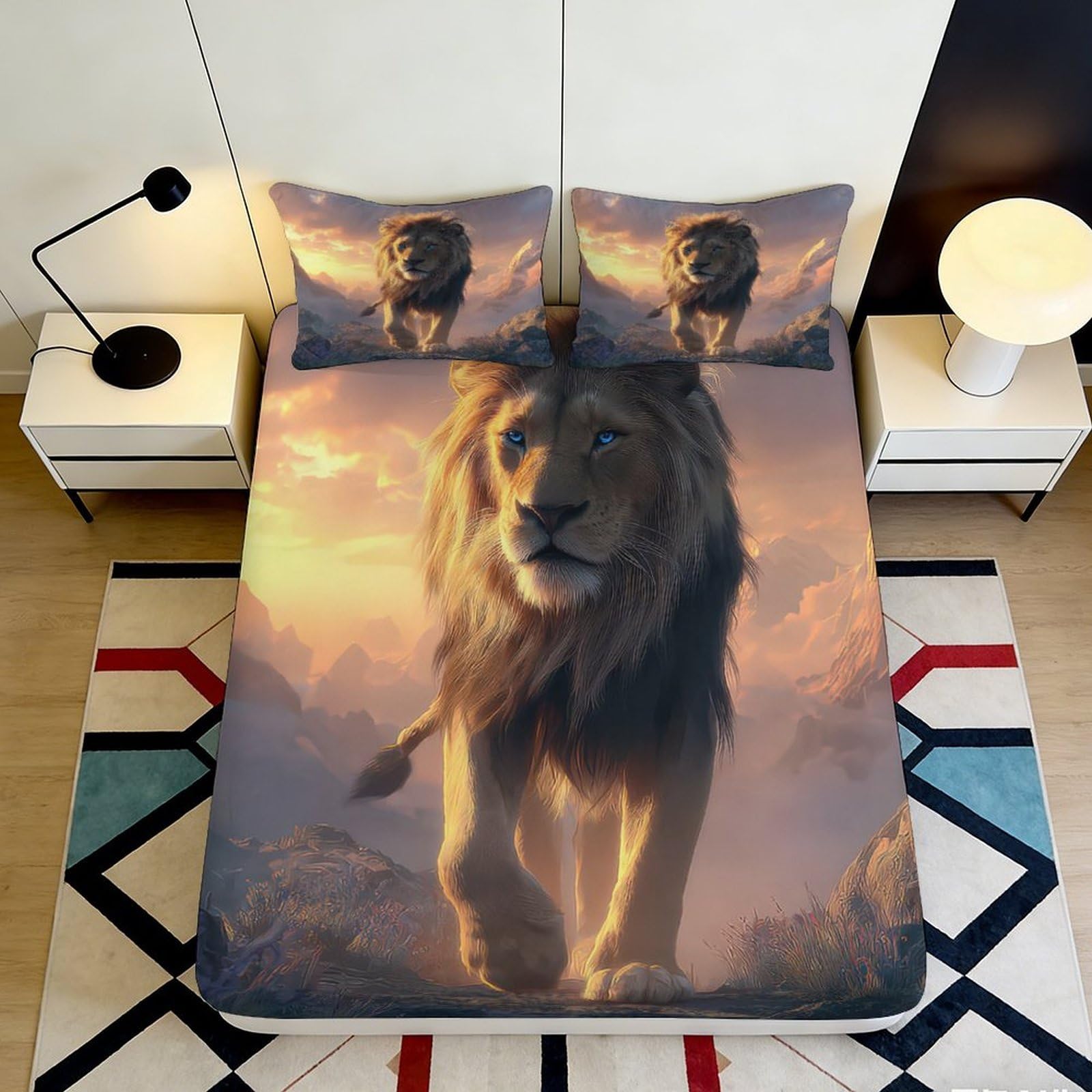 3D Printed Lion Sunset Fitted Sheet Microfiber Soft Durable 3D Printed Lion Landscape Bed Cover for Bedroom Dormitory Guest Room Mattress Protection 180x200x25cm