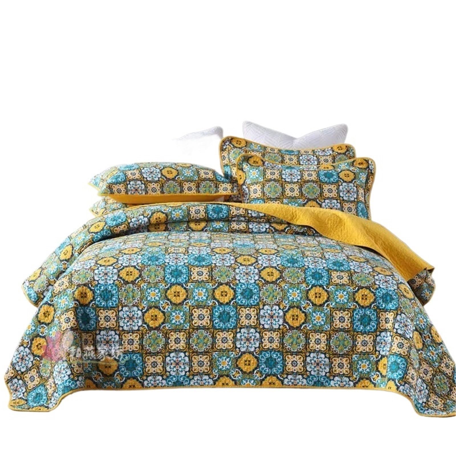DAJGRHE Bedspread Cotton Quilted Bed Cover Queen Size Retro Bedding Set Coverlet Blanket Pillowcases(Blue,230x250cm 3pcs)