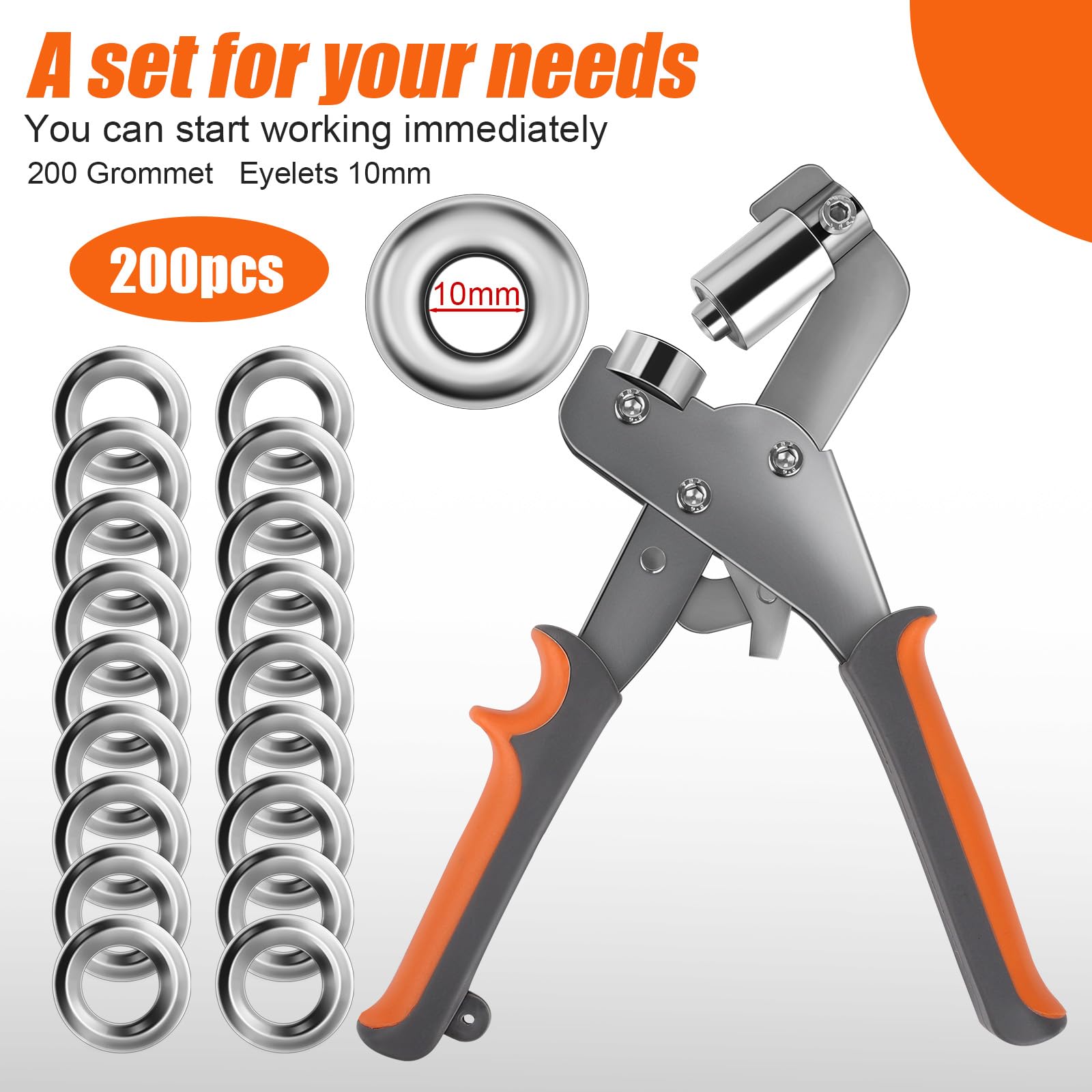 Lot de 200 pinces à œillets professionnelles avec 200 œillets (diamètre 10 mm) - Pince à œillets magnétique pour bâches, bannières, rideaux - Presse à œillets manuelle en acier trempé