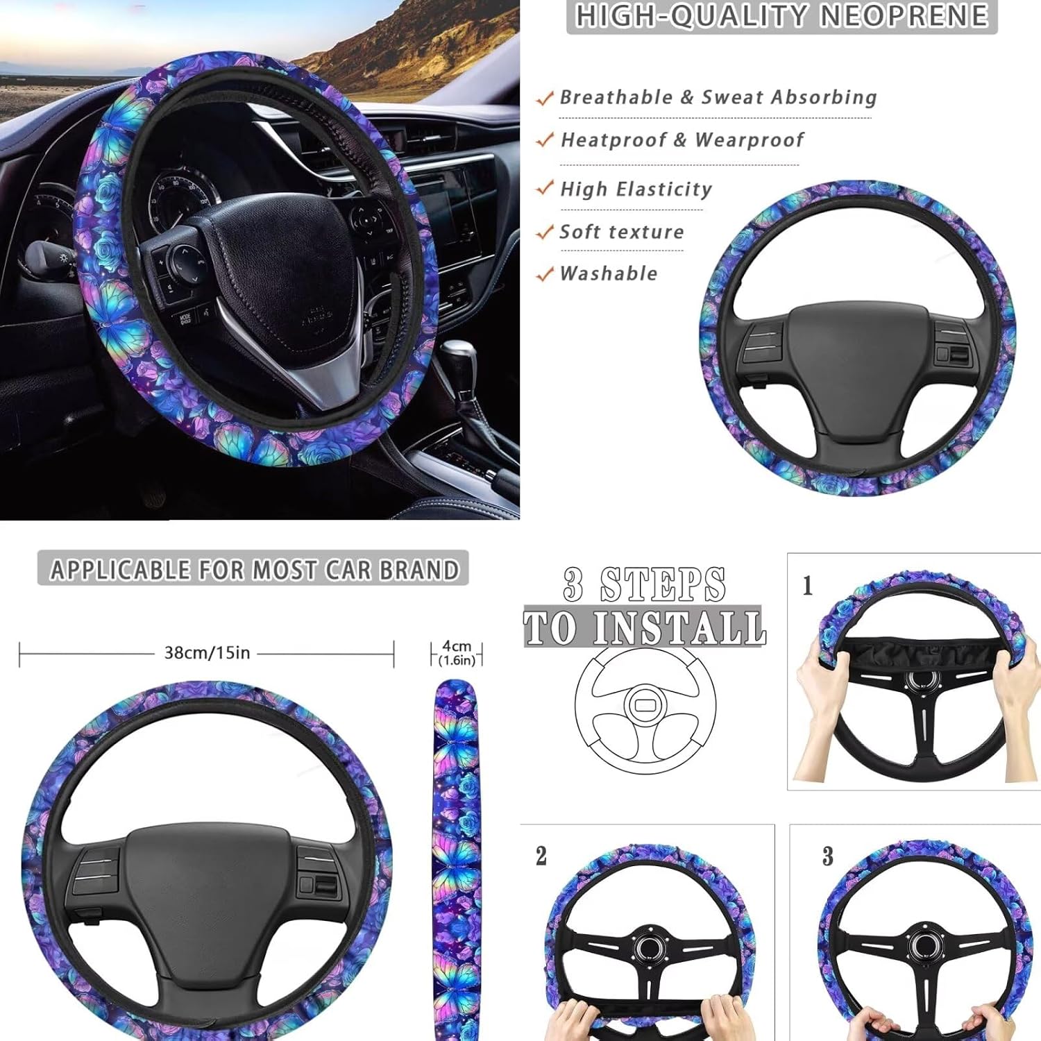 Cozeyat Purple Butterfly Car Front Rear Seat Cover Back Seat Covers for Women Men Breathable 15 Inch Car Steering Wheel Cover Seat Belt Cover Coasters Keychain, Set of 11