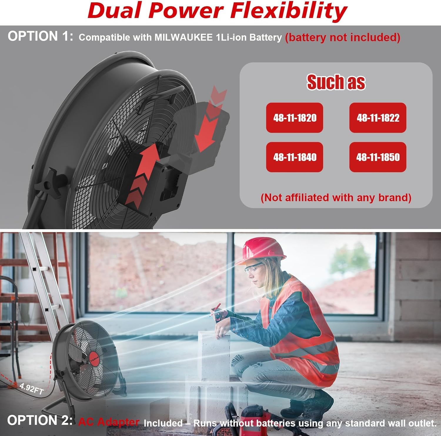 Ventilador de Suelo compatible con Batería Milwaukee 18V M18, 12 Pulgadas, Inalámbrico, Silencioso, Alimentado por Red, USB, Velocidad Regulable para Obra, Taller, Camping (sin batería)
