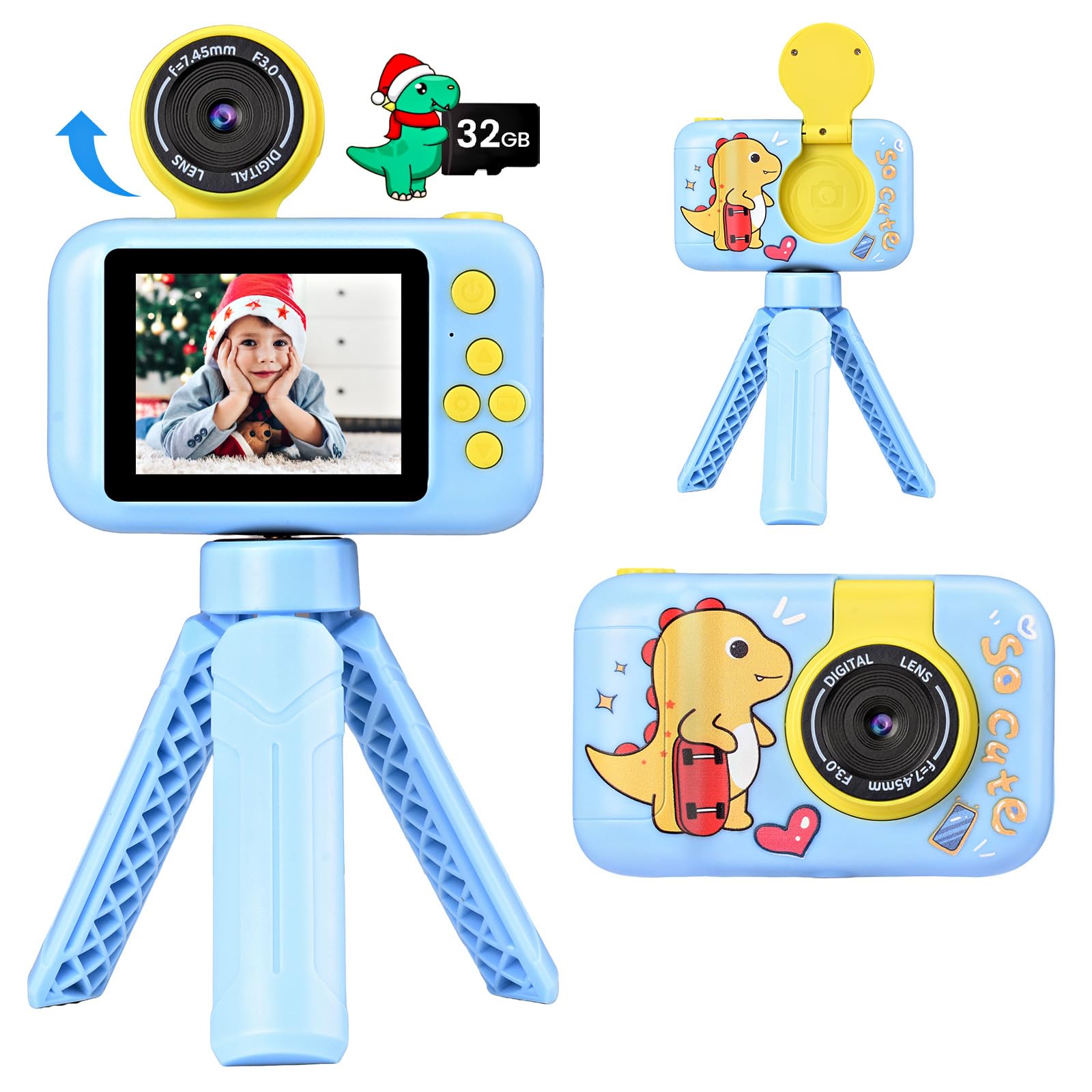 Fotocamera per Bambini con Treppiede, Macchina Fotografica Digitale Dinosauro per Ragazzi 3-10 Anni, 1080P, Display IPS 2.4", Obiettivo Rotante 180°, Scheda 32GB, Regalo Natale o Compleanno,Blu