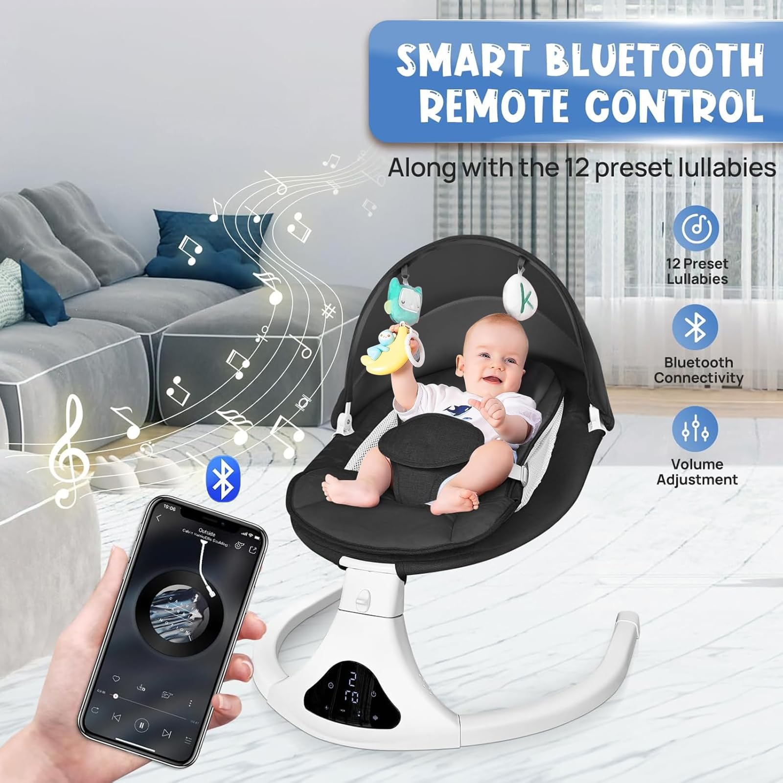 Electric Baby Swing for Infants to Toddler| Portable Infant Swing with Remote Control, Rocker with 5 Speeds, 3-Point Harness for Baby Boy Girl (Black)