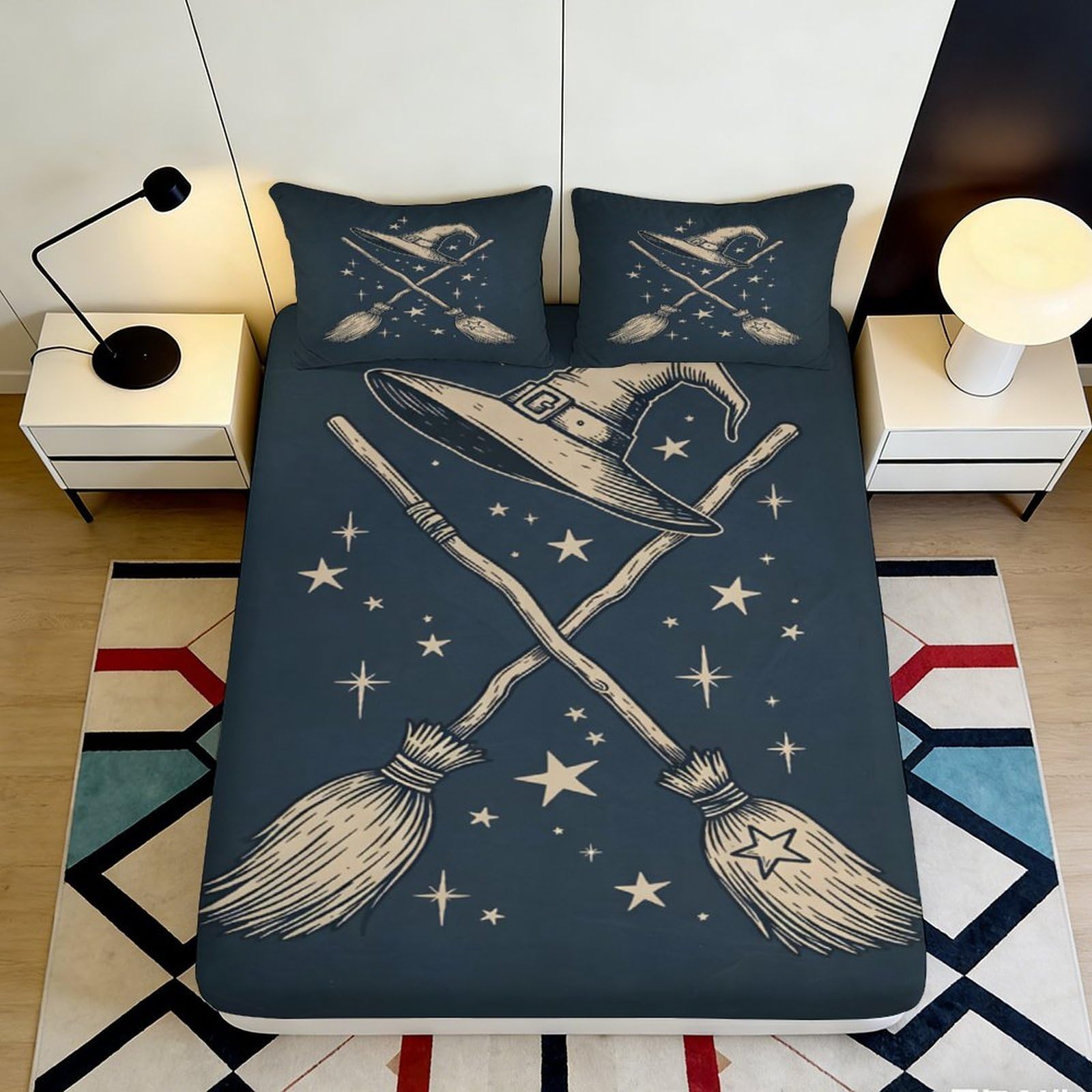 3D Printed Witch Hat and Broom Fitted Sheet Microfiber Bed Cover Dark Blue Stars Mattress Cover for Bedroom Dorm Dormitory Guest Room Easy Care 90x200x25cm