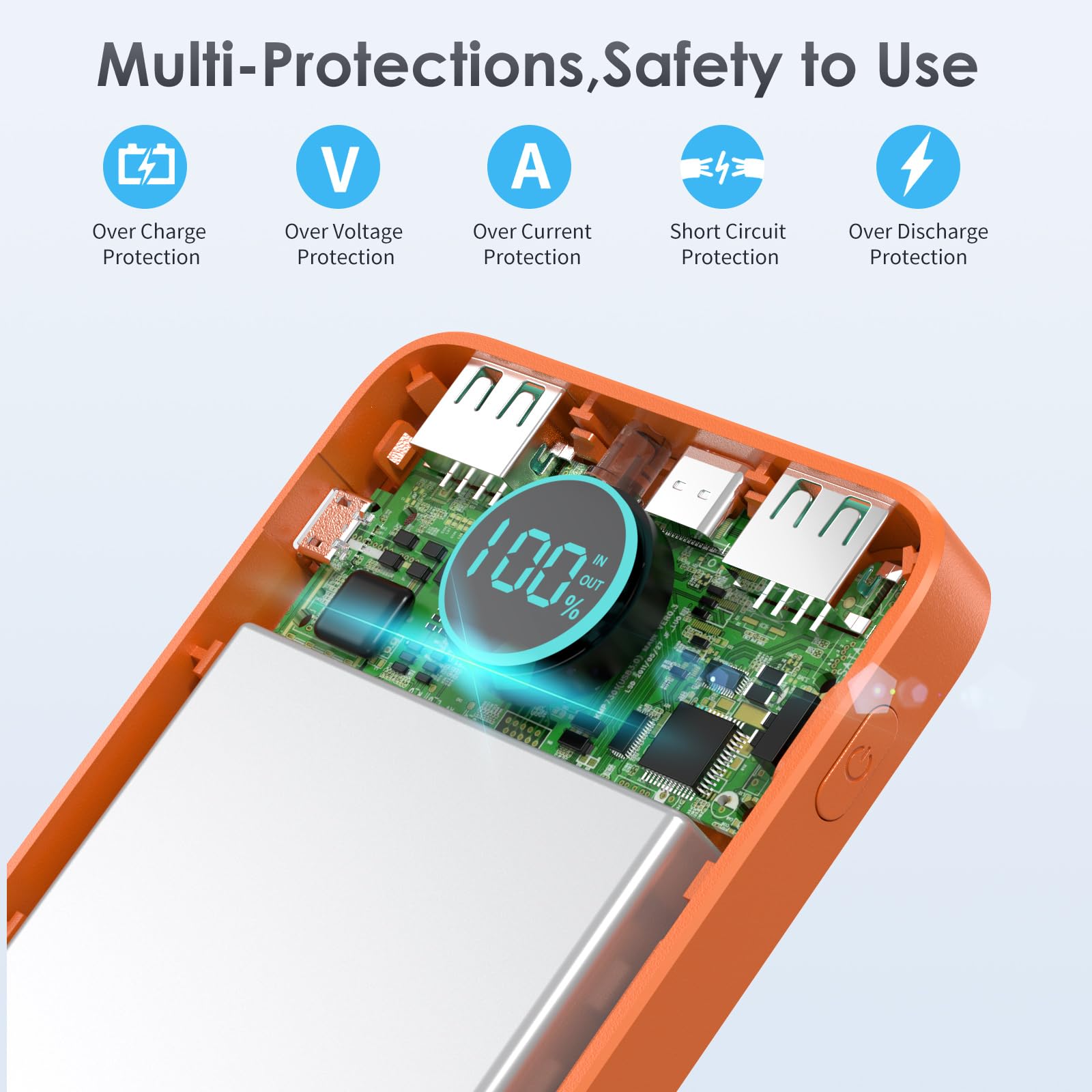 AXNEB Power Bank 13800mAh,Ultra Sottile & Leggero Caricatore Portatile con Display LCD,3A PD USB C Ingressi&Uscite Powerbank con Torcia LED Batteria Esterna per iPhone Samsung Huawei Xiaomi-Arancio
