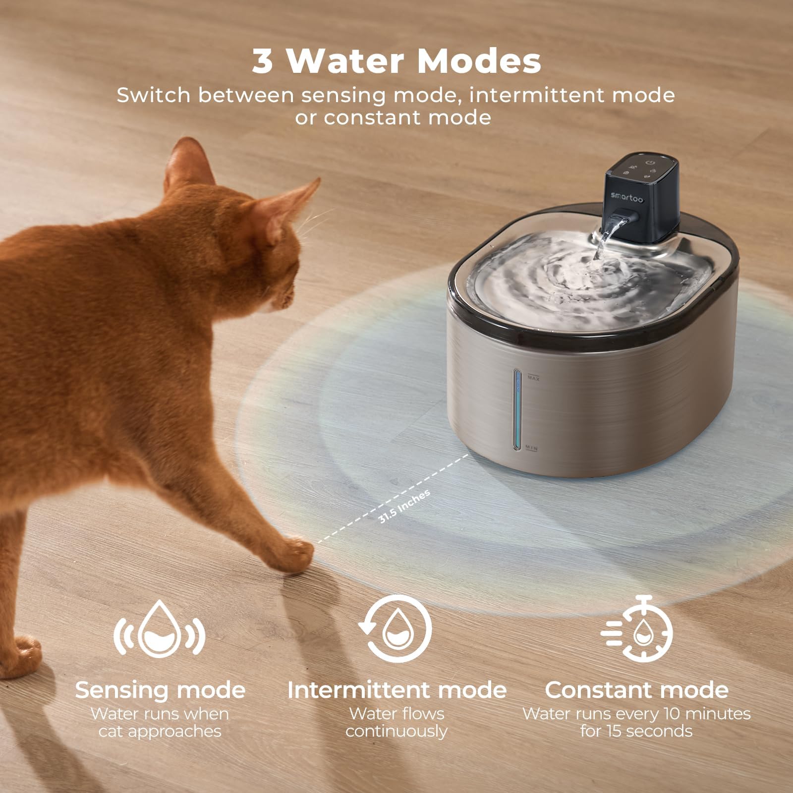 Wireless Cat Water Fountain Stainless Steel, 152oz/4.5L Cat Fountain Battery Operated, Cordless Pet Water Fountain for Cats & Dogs with Motion Sensor, Ultra Quiet Pump, 6 Filters - image 3