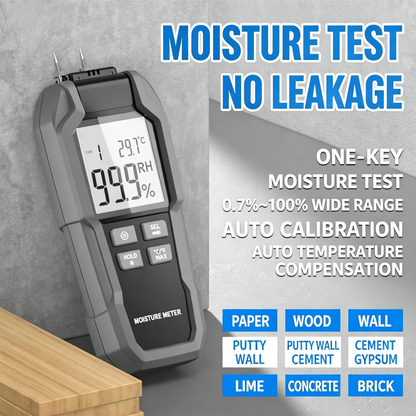 Medidor Digital De Humedad para Madera Tipo Pin 0,7%~100%, Detector De Humedad para Cemento, Calibración Automática, con ATC, Sonda De Repuesto, 9 Niveles De Intensidad, para Papel