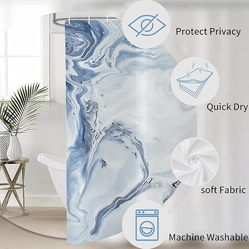 Miniatura 5 de deFouliao Cortina de ducha azul con diseño de mármol moderno abstracto para decoración del hogar, tela impermeable lavable con ganchos, 72 x 72