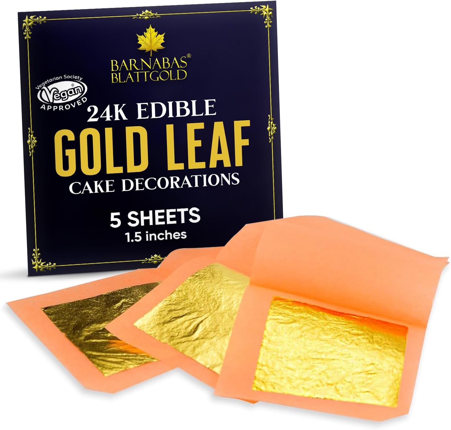 Barnabas Edible Gold Leaf 24K - Cake Decorations, Loose Gold Leaf Sheets for Cupcakes - 1.5 inches, Interleaf of 48