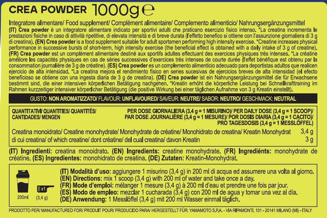 YAMAMOTO NUTRITION Creatine Crea POWDER 1000 gr, Integratore Alimentare di Creatina Monoidrato in Polvere, Integratore per Sportivi, Aumenta le Prestazioni Fisiche, Non Aromatizzato