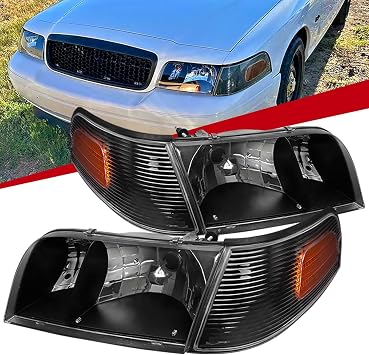 Carpartsinnovate Fits 98-11 Ford Crown Victoria Black Headlights+Corner Turn Signal Lamps Left+Right