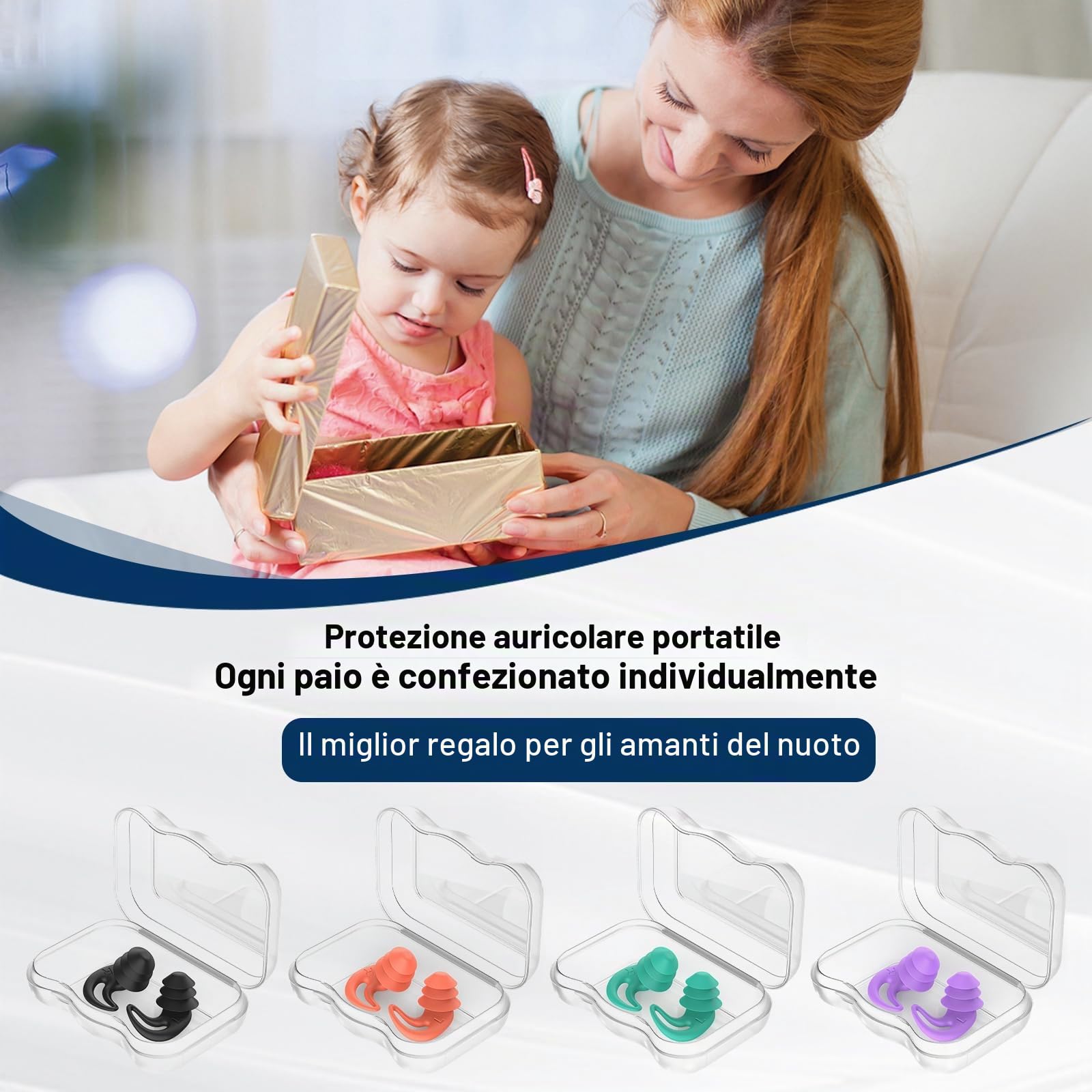 Tappi orecchie piscina bambini – 4 paia impermeabili riutilizzabili in morbido silicone tappi per le orecchie per doccia, nuoto, surf, snorkeling e altri sport acquatici